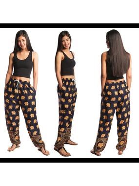 Bohotusk Royal Elephant Print Harem Pants Elasticated Smocked Waist Sz S/M